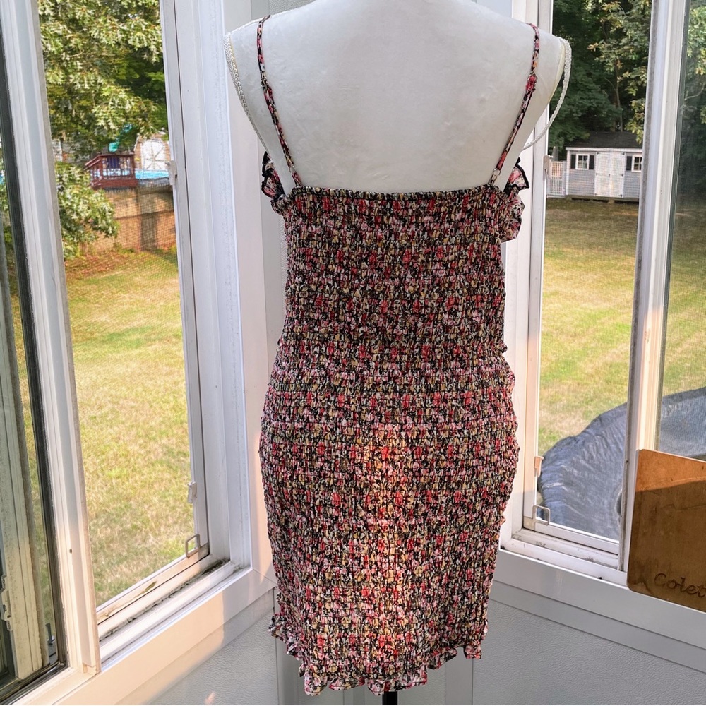 UO Iris Black Floral Sweetheart Spaghetti Strap Ruched Stretch Mini Dress - Picture 5 of 12